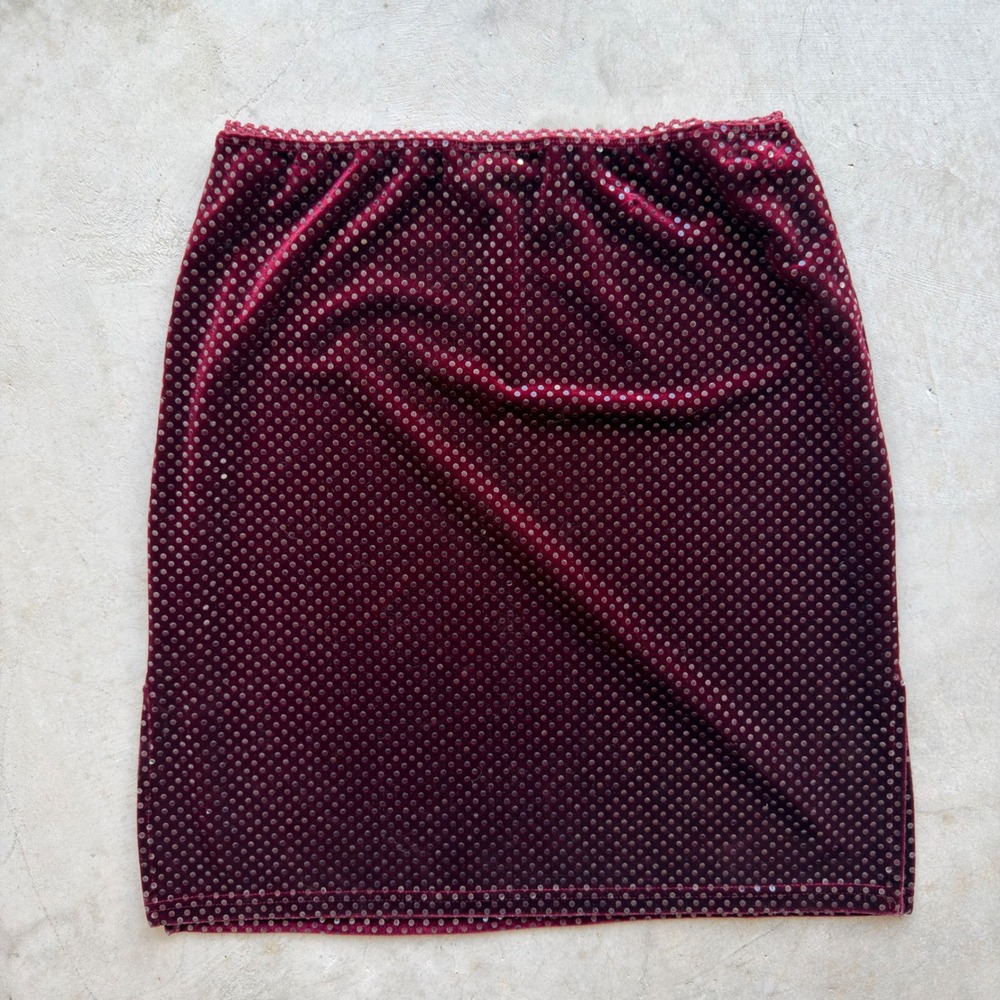 Vintage Aqua Blue Y2K Burgundy Velvet sequined Mini Skirt Lace Trim Maroon Small - Picture 2 of 2